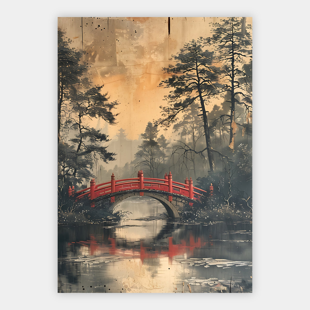 Rote japanische Brücke über einem Teich vor Kiefern und Pagode im Nebel