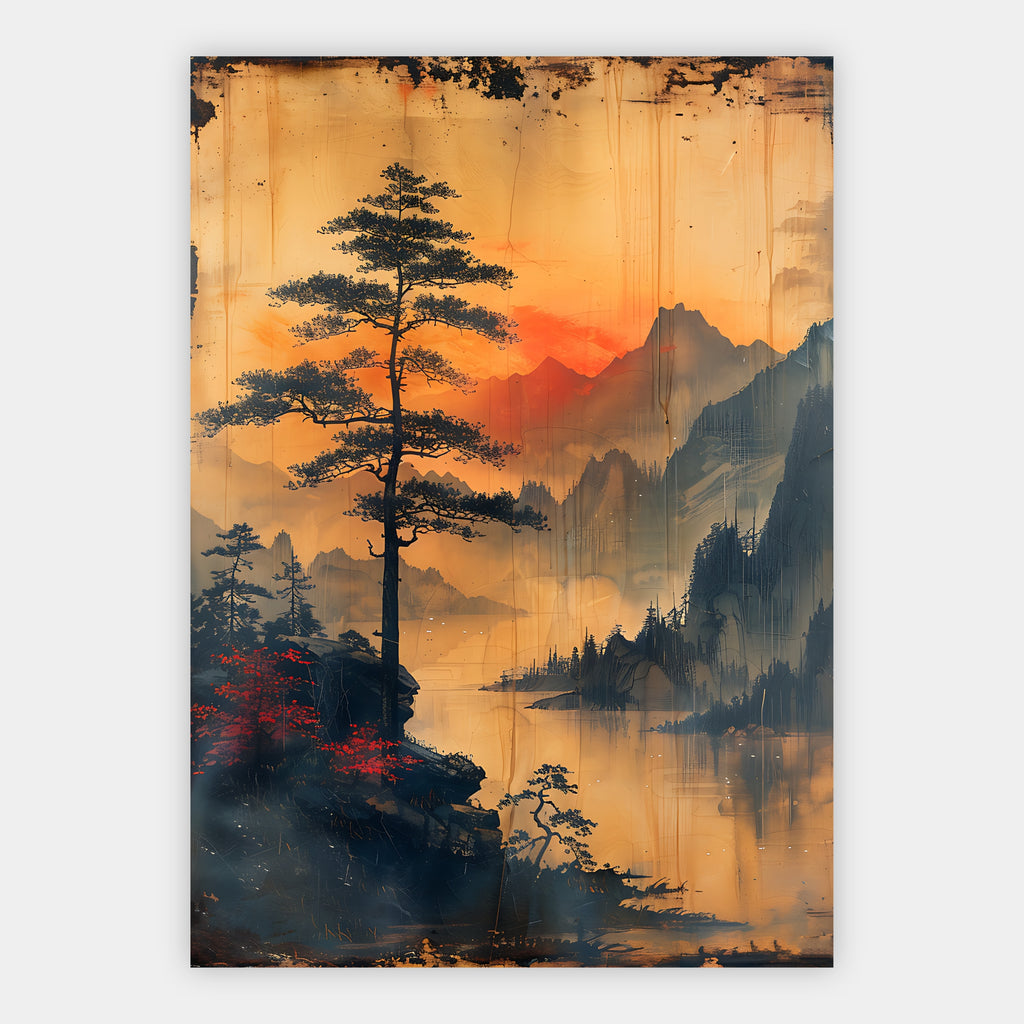 Einsame Kiefer auf einem Felsen über einem Bergsee bei Sonnenuntergang