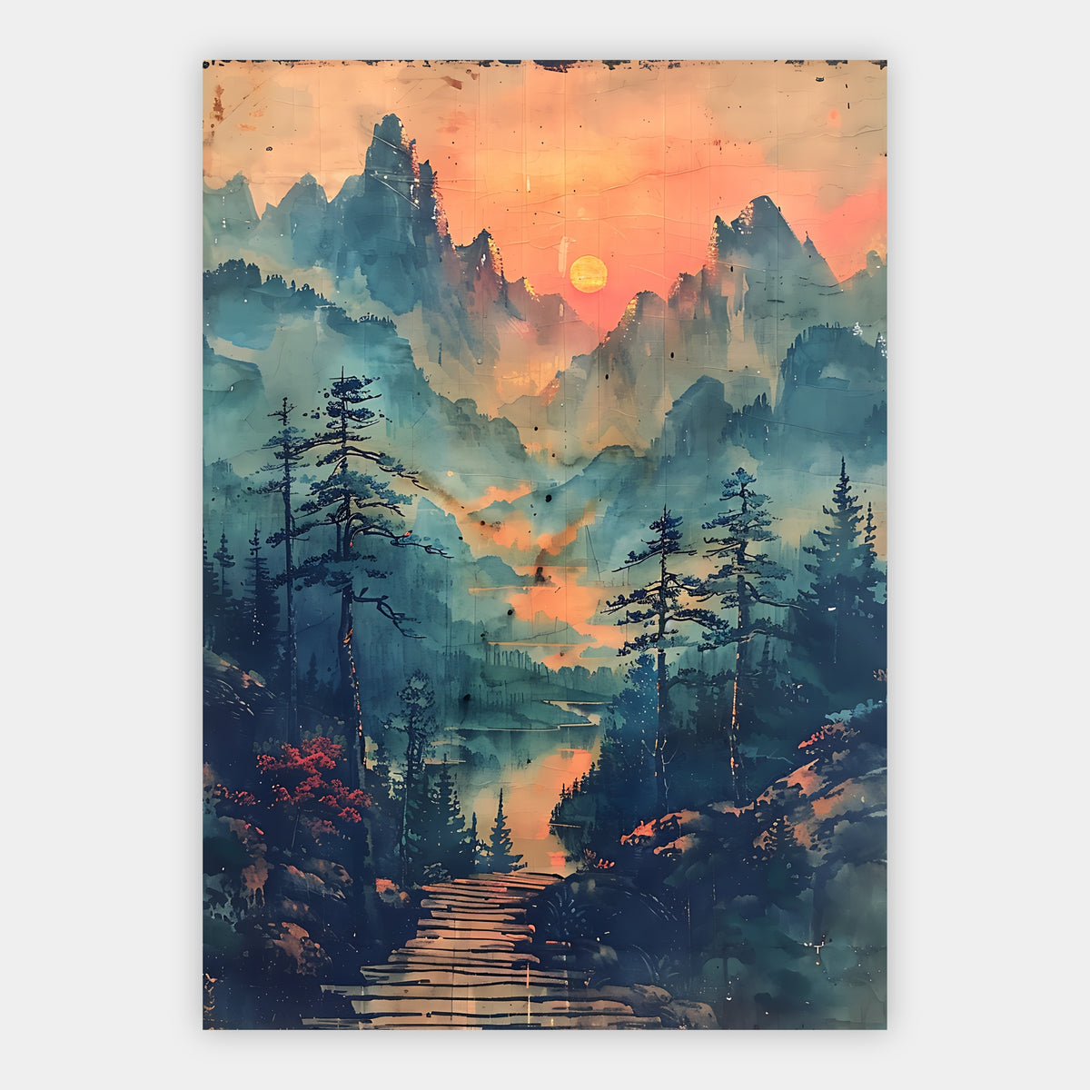 Hölzerner Steg zu einem Bergsee zwischen Kiefern bei Sonnenuntergang