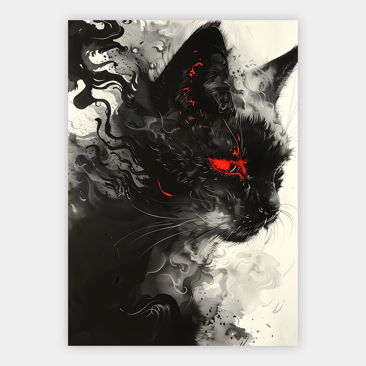 Schwarze Katze mit rotem Auge in expressiver Rauch- und Tuschoptik