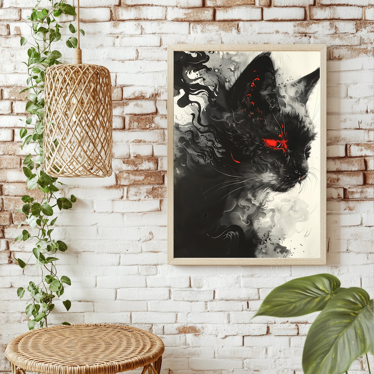 Schwarze Katze mit rotem Auge in expressiver Rauch- und Tuschoptik