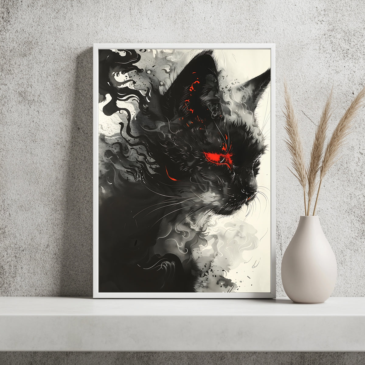 Schwarze Katze mit rotem Auge in expressiver Rauch- und Tuschoptik