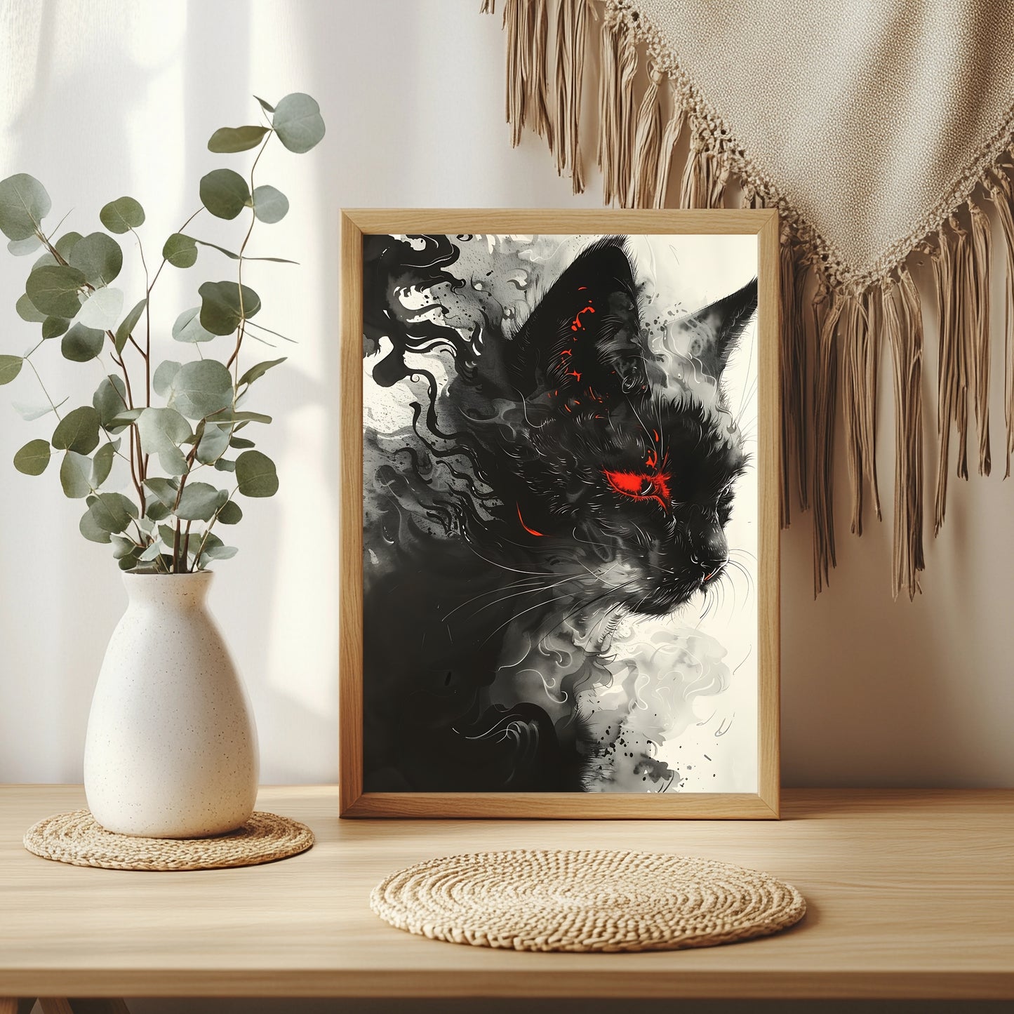 Schwarze Katze mit rotem Auge in expressiver Rauch- und Tuschoptik