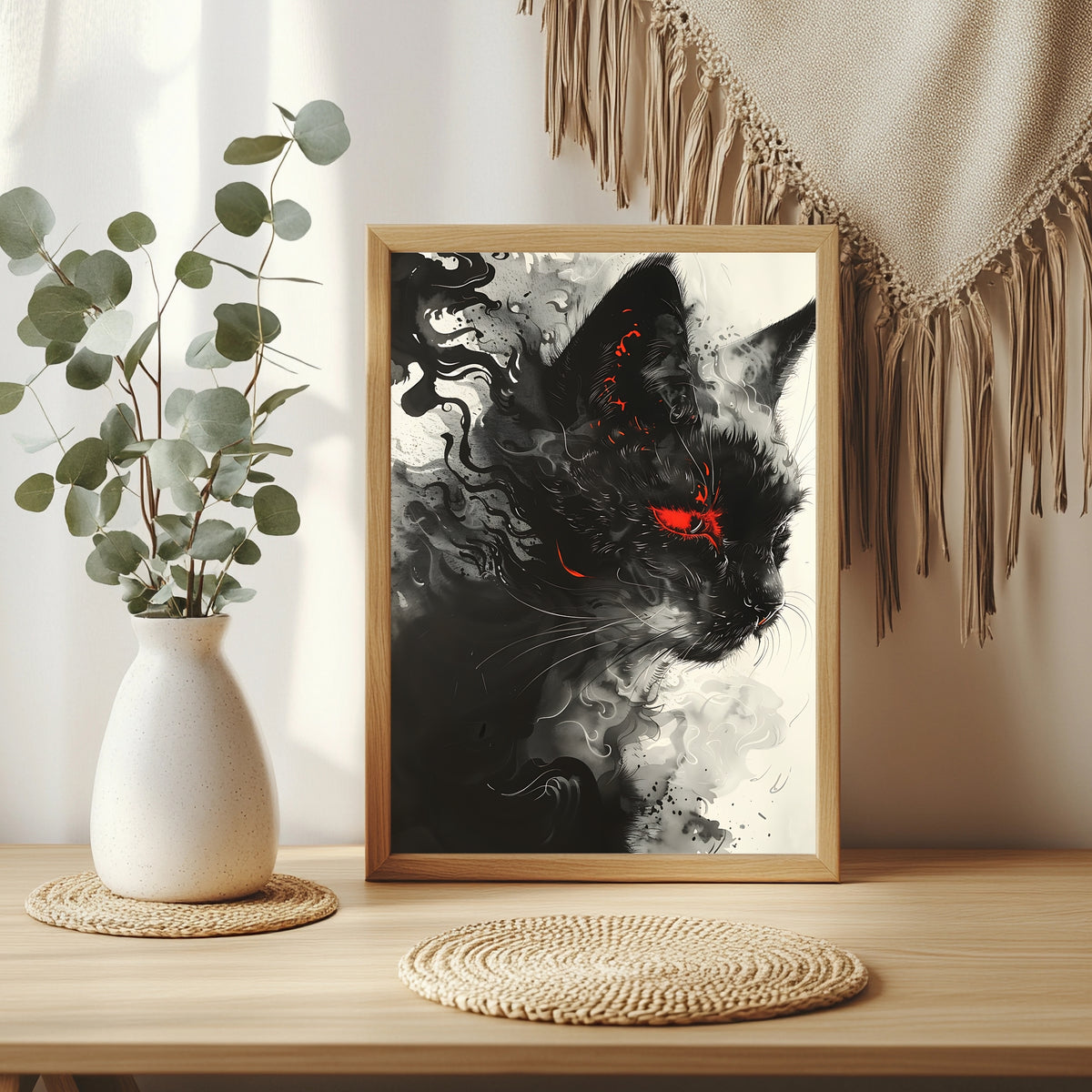 Schwarze Katze mit rotem Auge in expressiver Rauch- und Tuschoptik