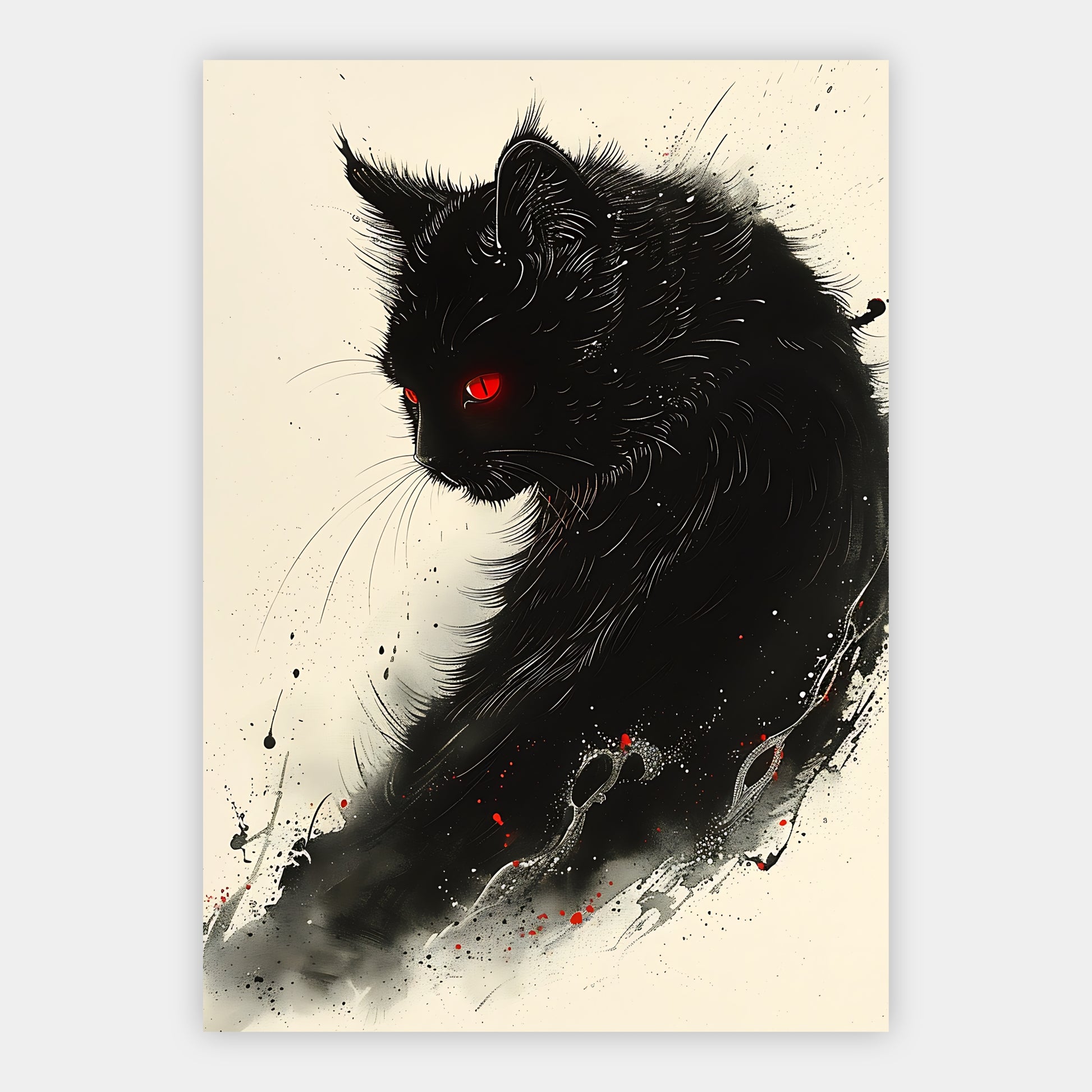 Schwarze Katze mit einem leuchtend roten Auge vor cremefarbenem Hintergrund
