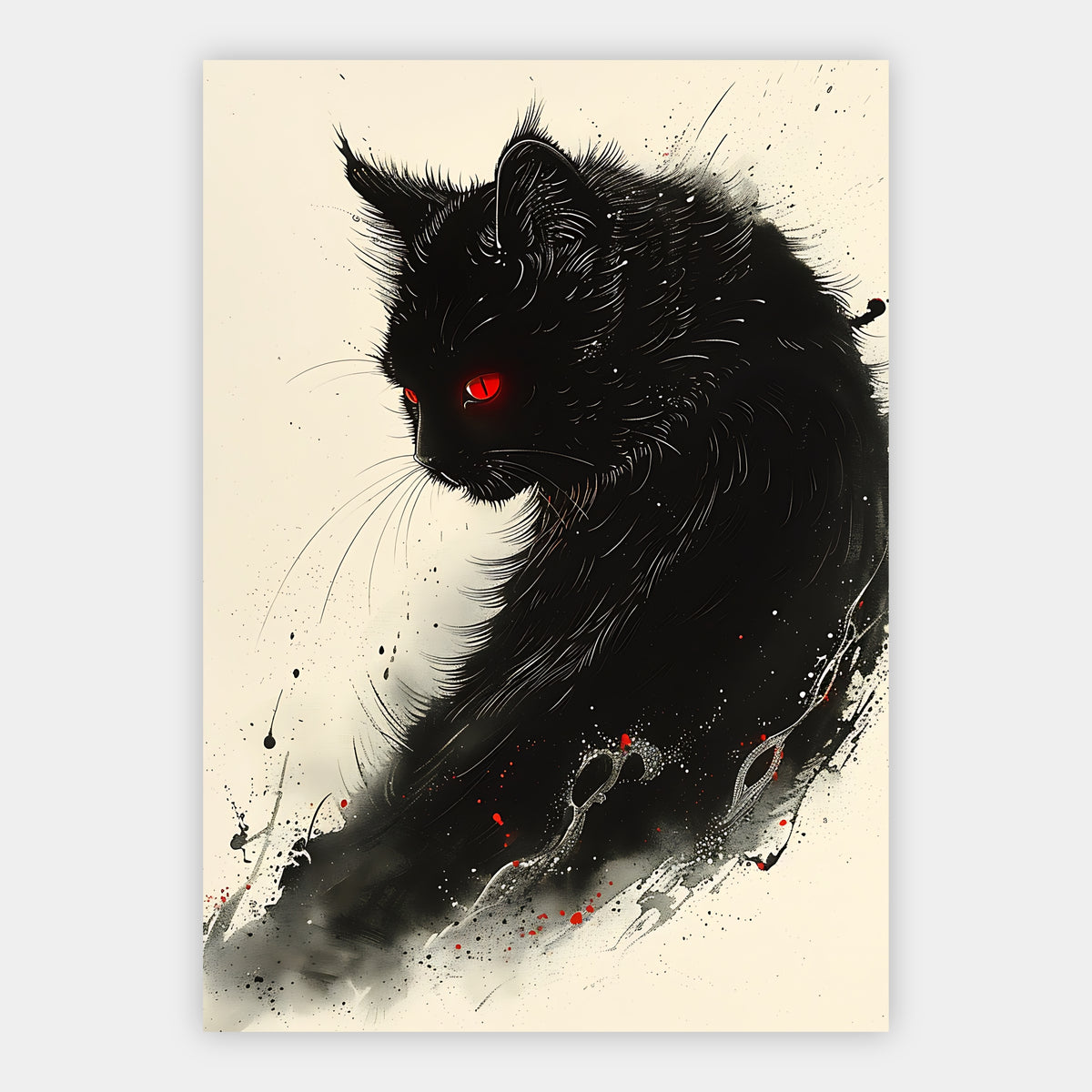 Schwarze Katze mit einem leuchtend roten Auge vor cremefarbenem Hintergrund