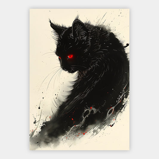 Schwarze Katze mit einem leuchtend roten Auge vor cremefarbenem Hintergrund