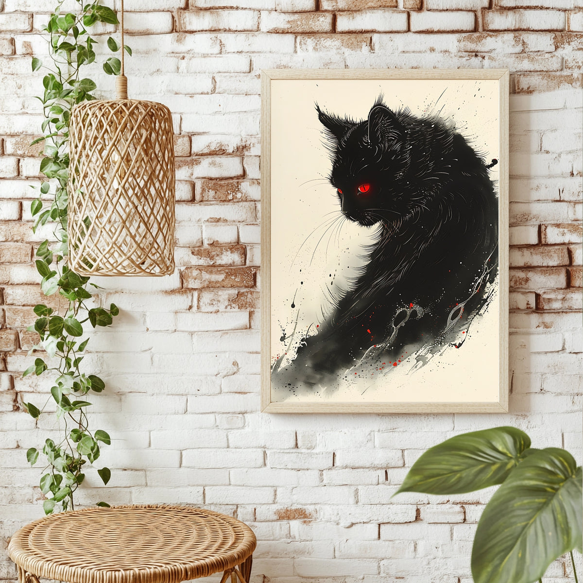 Schwarze Katze mit einem leuchtend roten Auge vor cremefarbenem Hintergrund