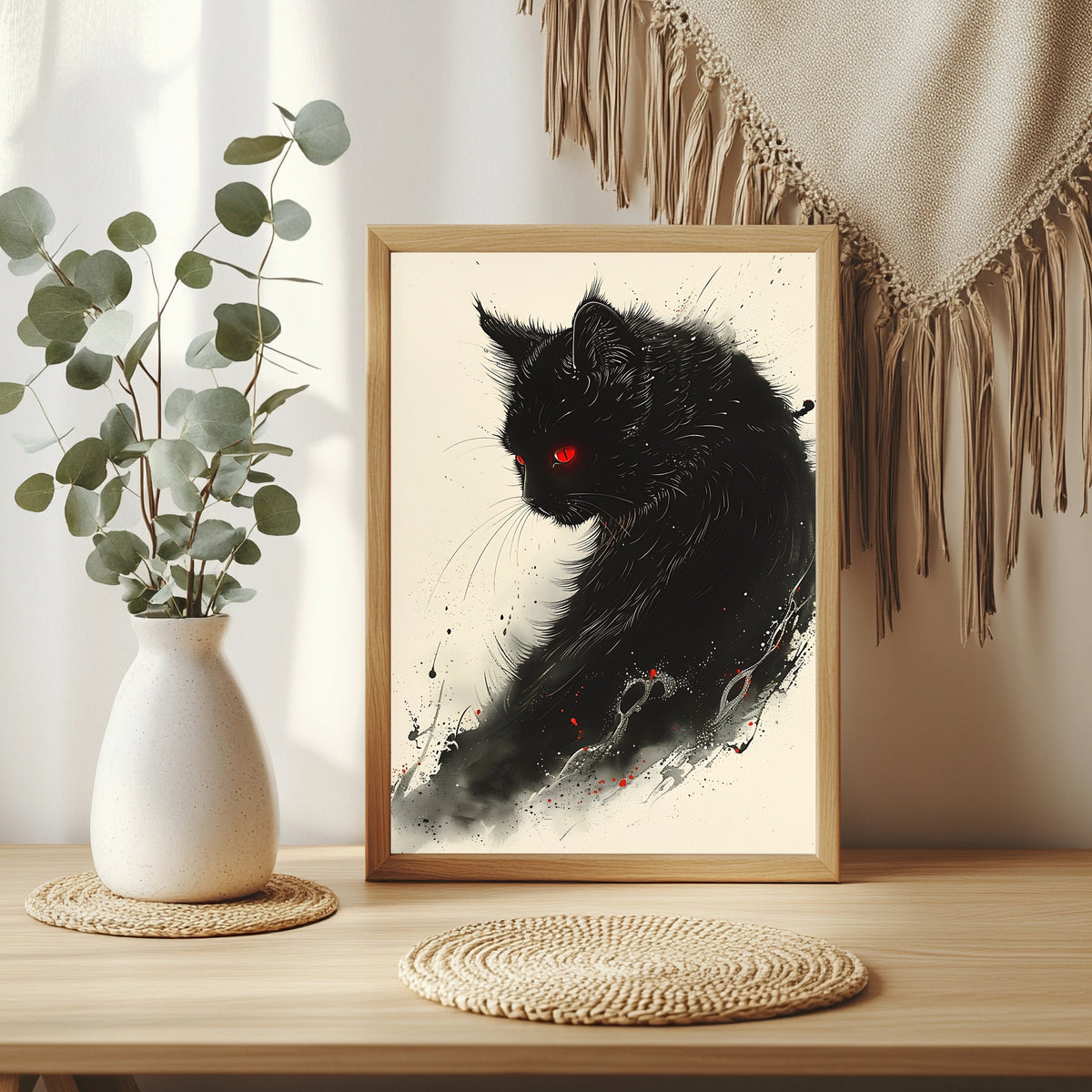 Schwarze Katze mit einem leuchtend roten Auge vor cremefarbenem Hintergrund