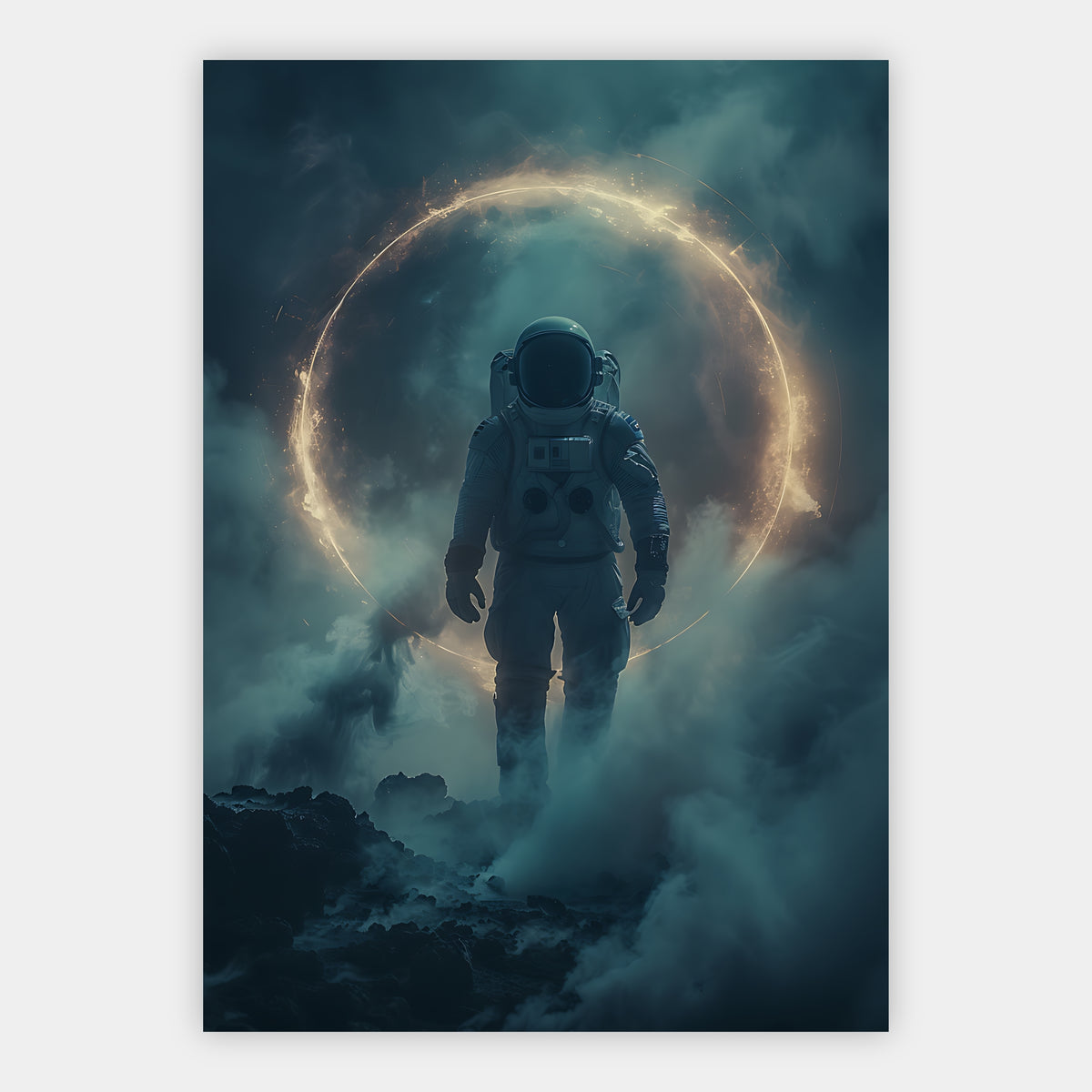 Astronaut geht durch Nebel auf einen leuchtenden goldenen Lichtring zu