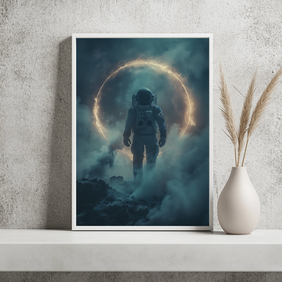 Astronaut geht durch Nebel auf einen leuchtenden goldenen Lichtring zu