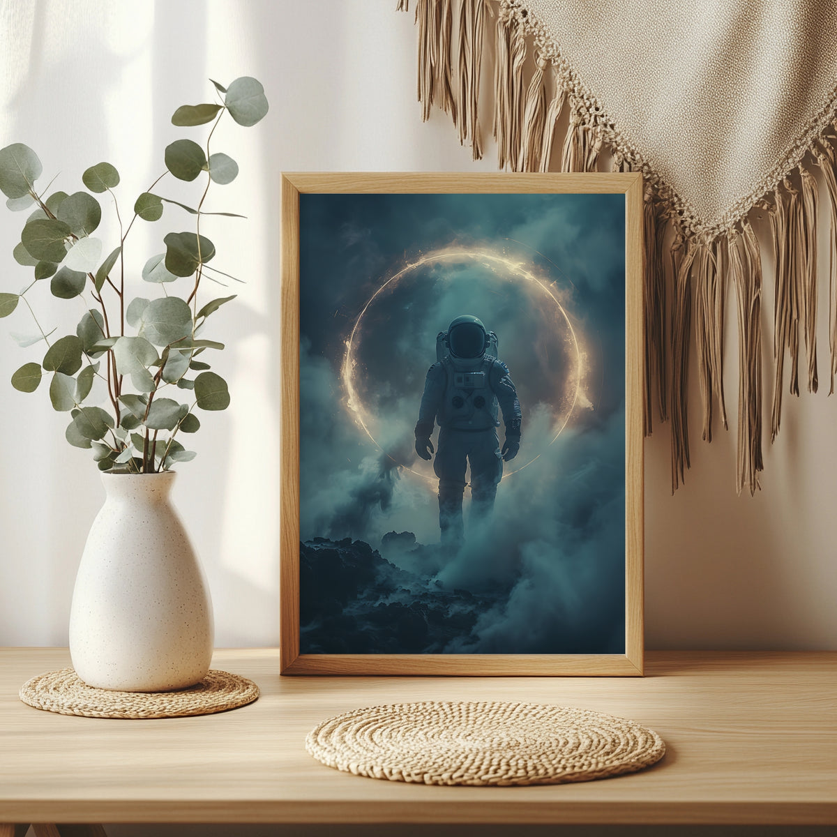 Astronaut geht durch Nebel auf einen leuchtenden goldenen Lichtring zu