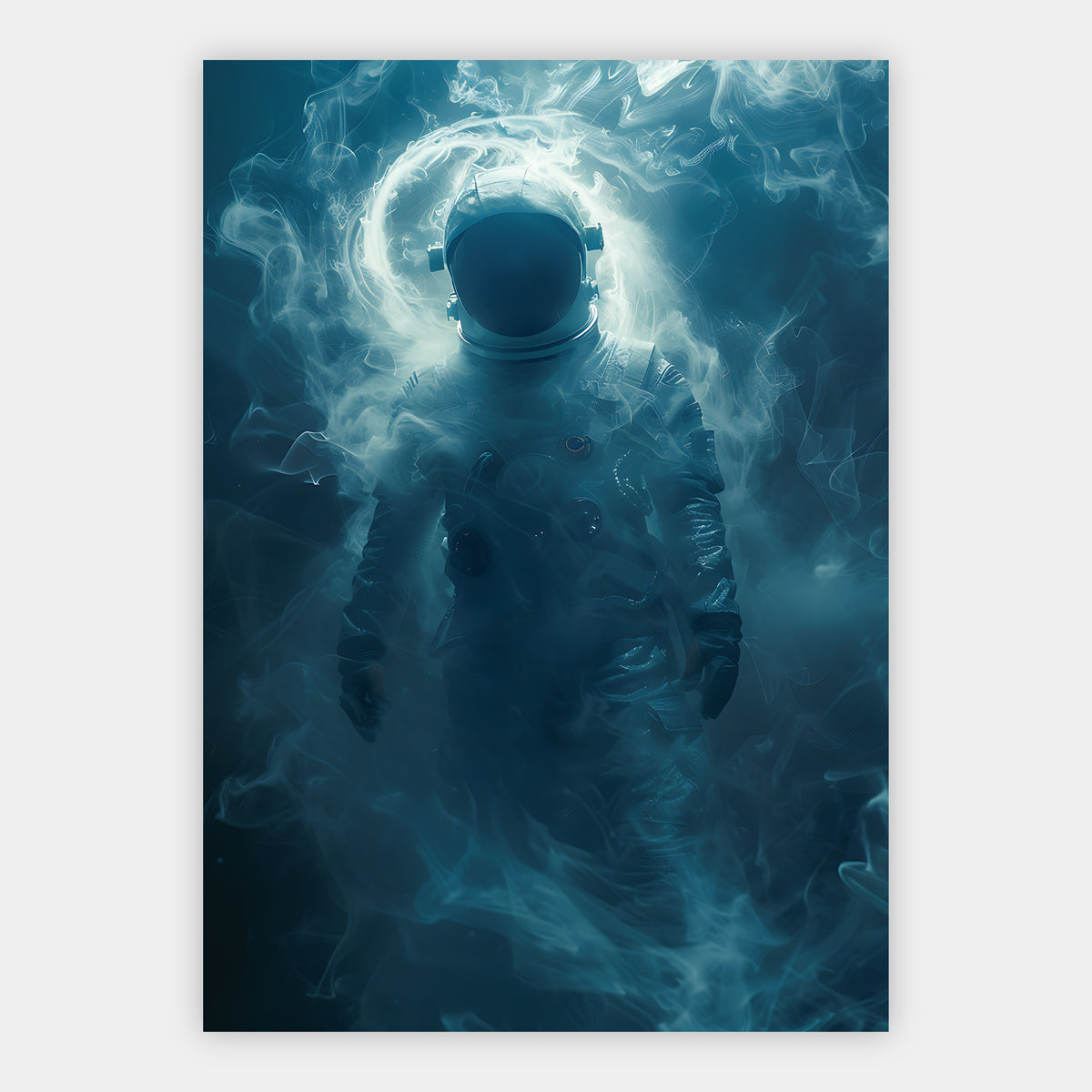 Astronaut in tiefblauem, wirbelndem Nebel mit leuchtendem Lichtring