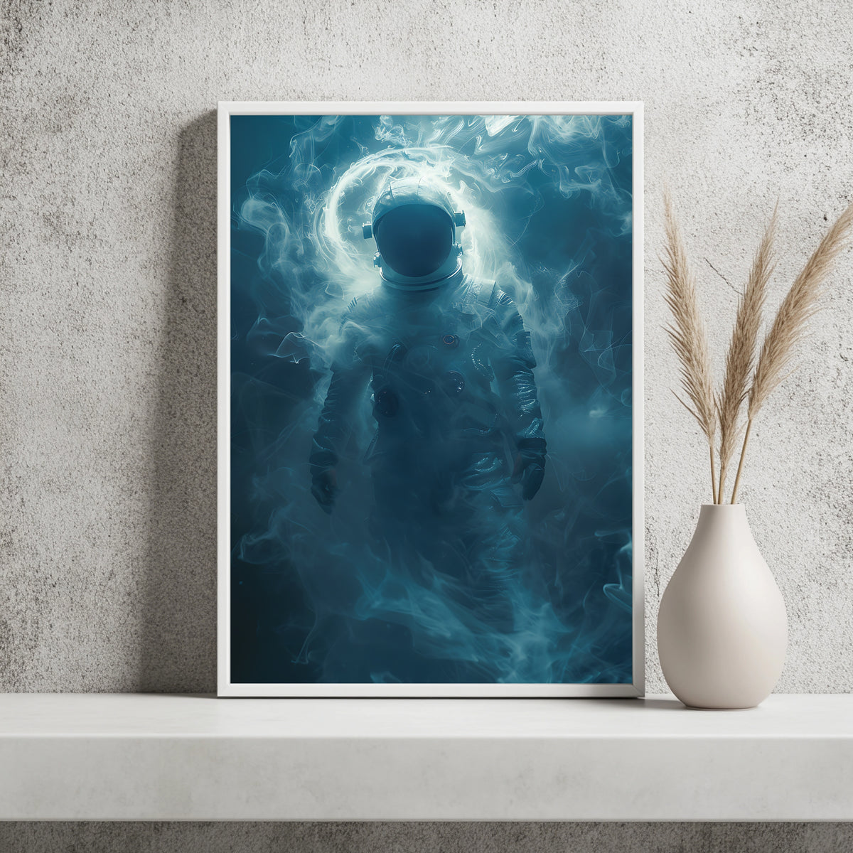 Astronaut in tiefblauem, wirbelndem Nebel mit leuchtendem Lichtring