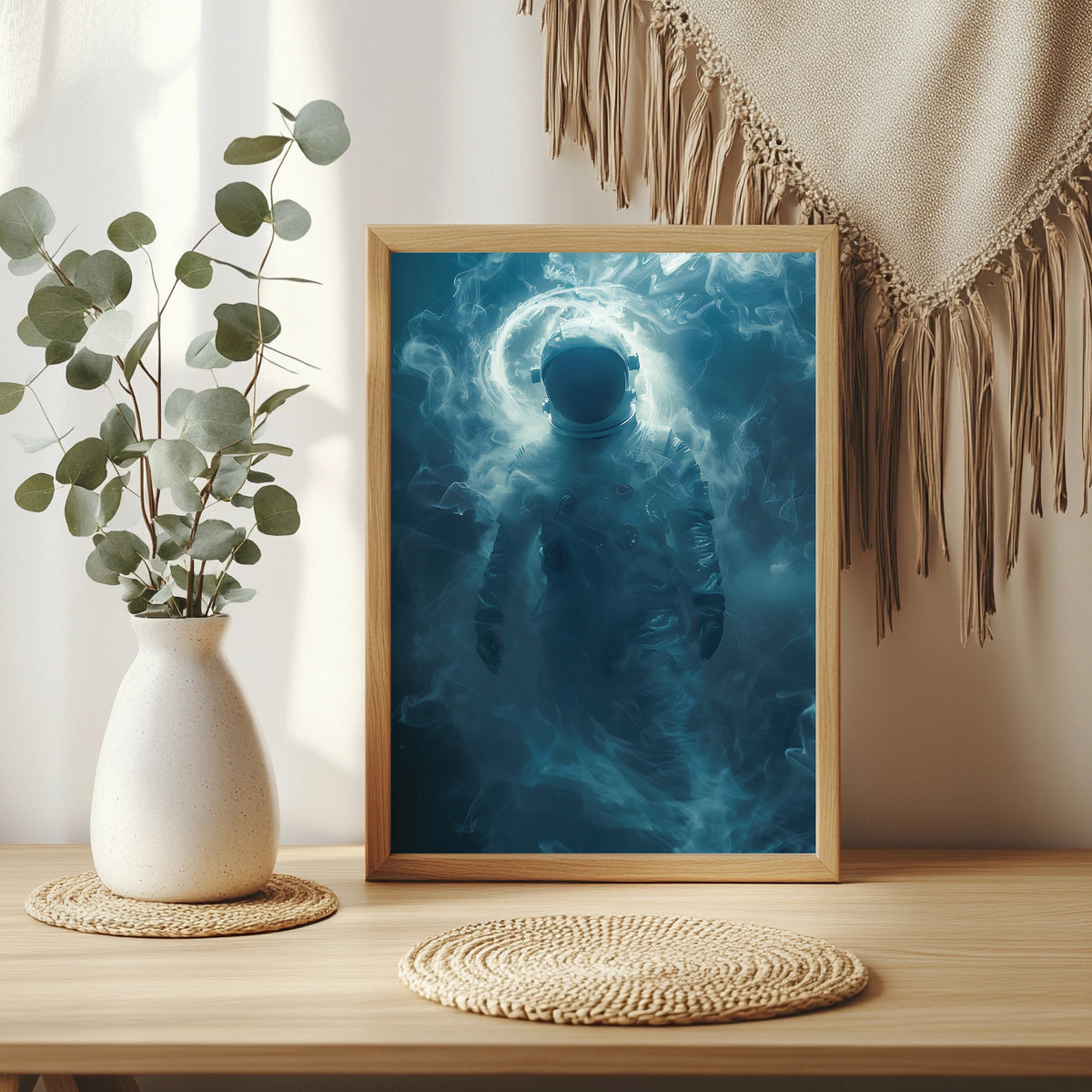 Astronaut in tiefblauem, wirbelndem Nebel mit leuchtendem Lichtring