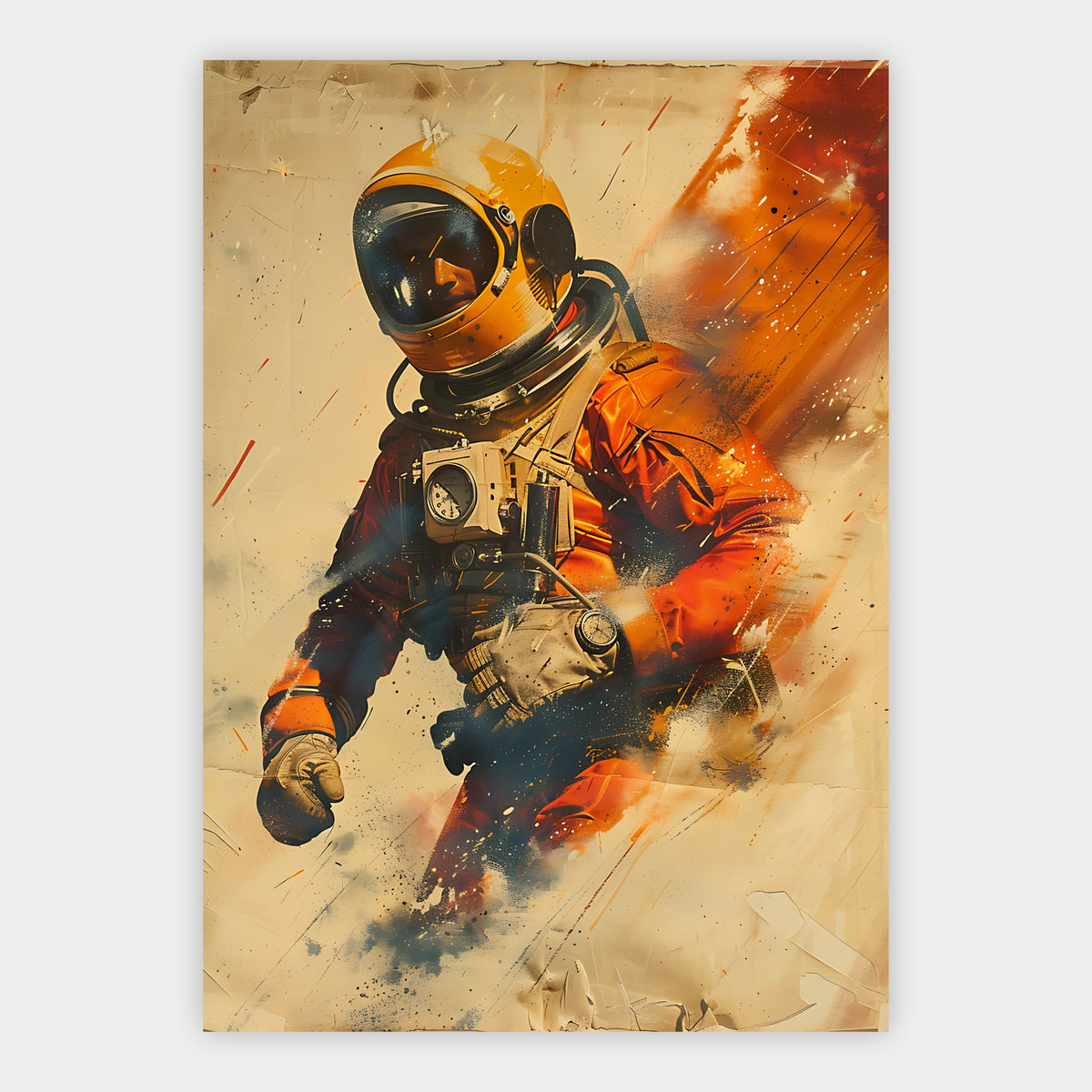 Astronaut mit gelbem Helm im Vintage-Poster-Stil mit orangefarbenen Farbspritzern