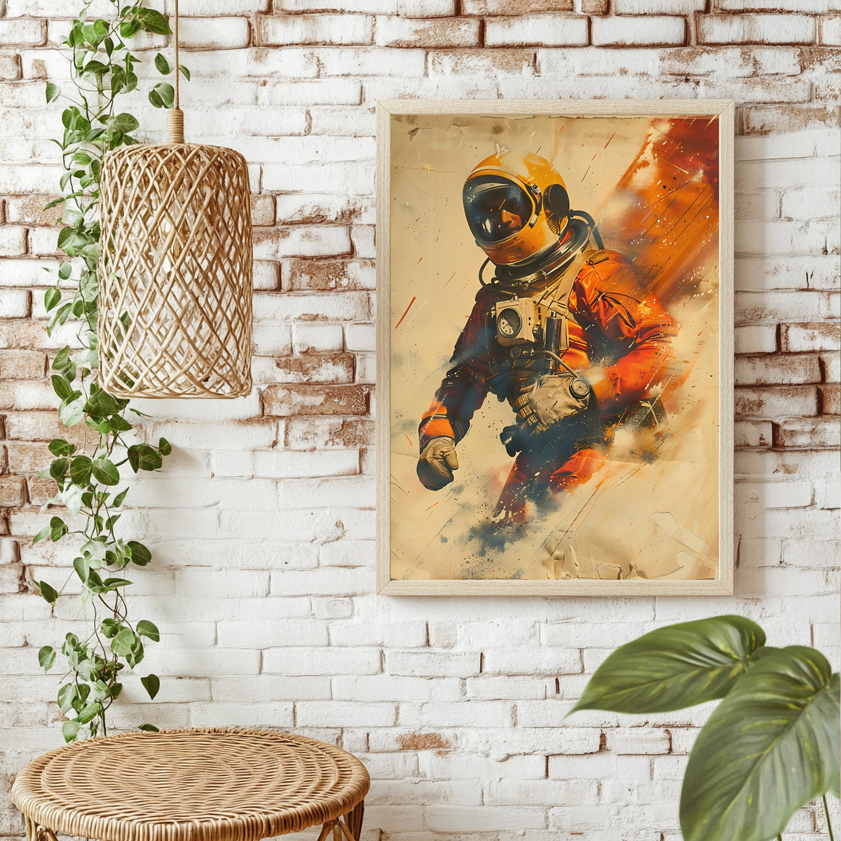 Astronaut mit gelbem Helm im Vintage-Poster-Stil mit orangefarbenen Farbspritzern