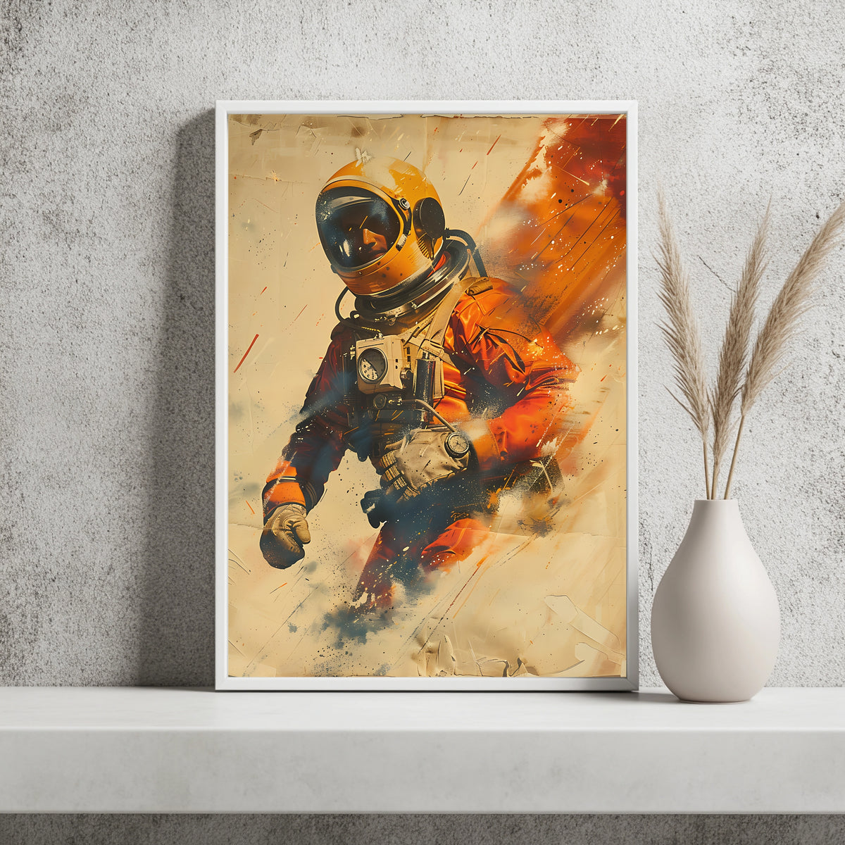 Astronaut mit gelbem Helm im Vintage-Poster-Stil mit orangefarbenen Farbspritzern