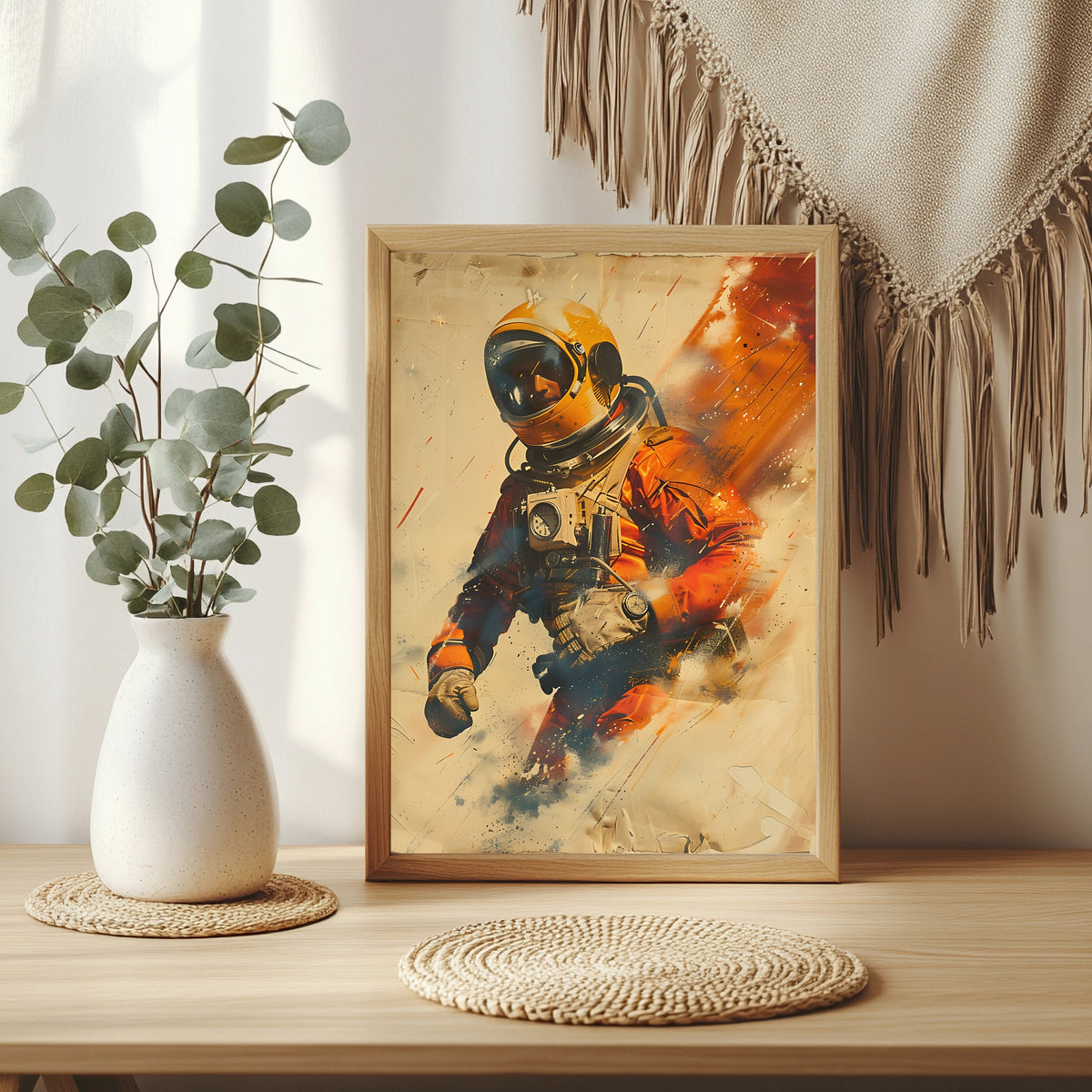 Astronaut mit gelbem Helm im Vintage-Poster-Stil mit orangefarbenen Farbspritzern