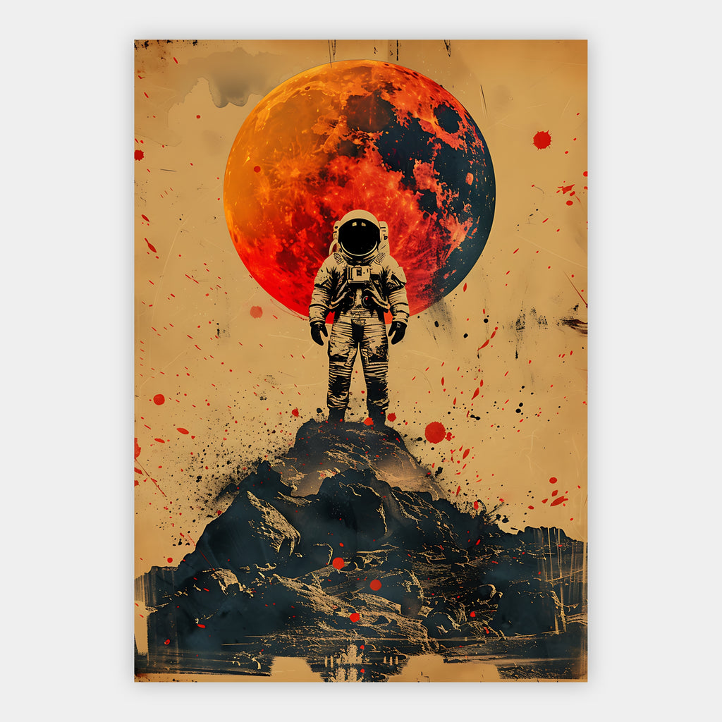 Astronaut auf einem Felsgipfel vor einem riesigen roten Mond