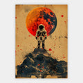 Astronaut auf einem Felsgipfel vor einem riesigen roten Mond