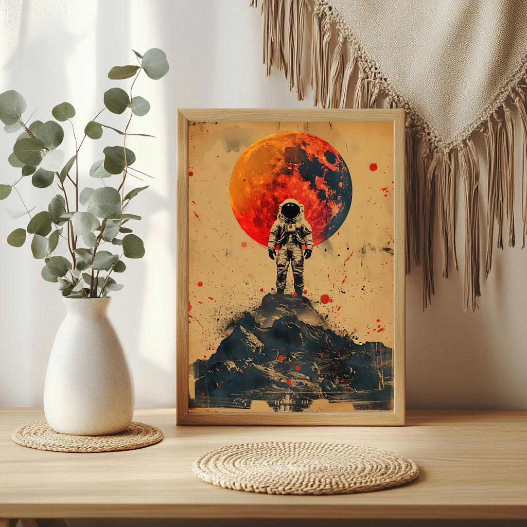 Astronaut auf einem Felsgipfel vor einem riesigen roten Mond