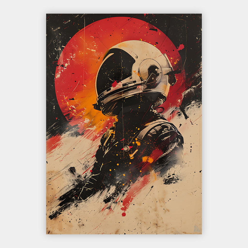 Astronaut im Profil vor rotem Planeten im Retro-Filmplakat-Stil