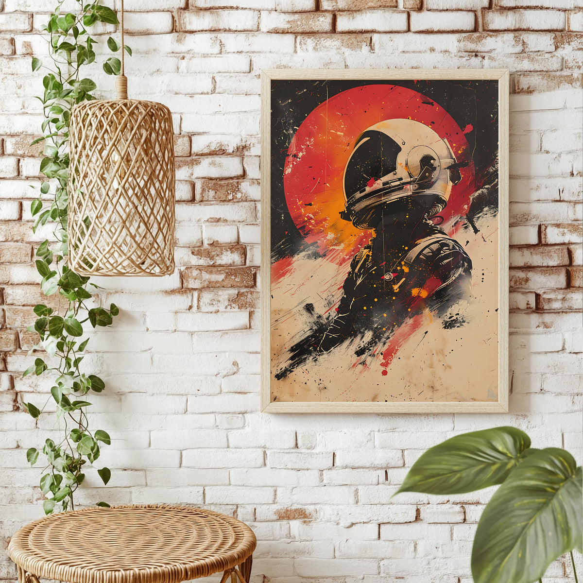 Astronaut im Profil vor rotem Planeten im Retro-Filmplakat-Stil