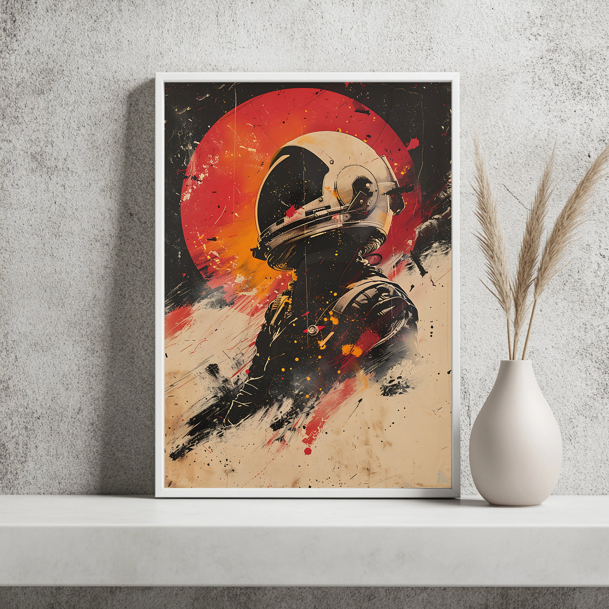 Astronaut im Profil vor rotem Planeten im Retro-Filmplakat-Stil