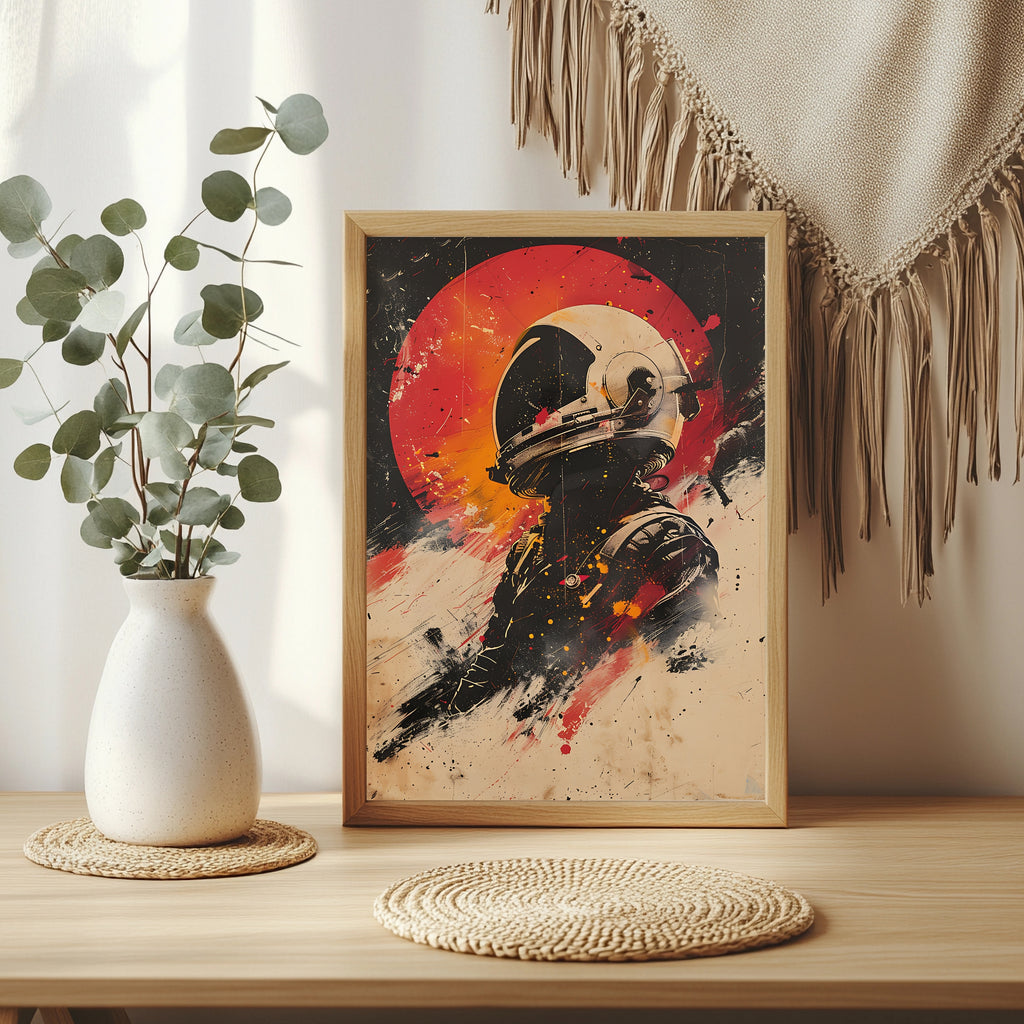 Astronaut im Profil vor rotem Planeten im Retro-Filmplakat-Stil
