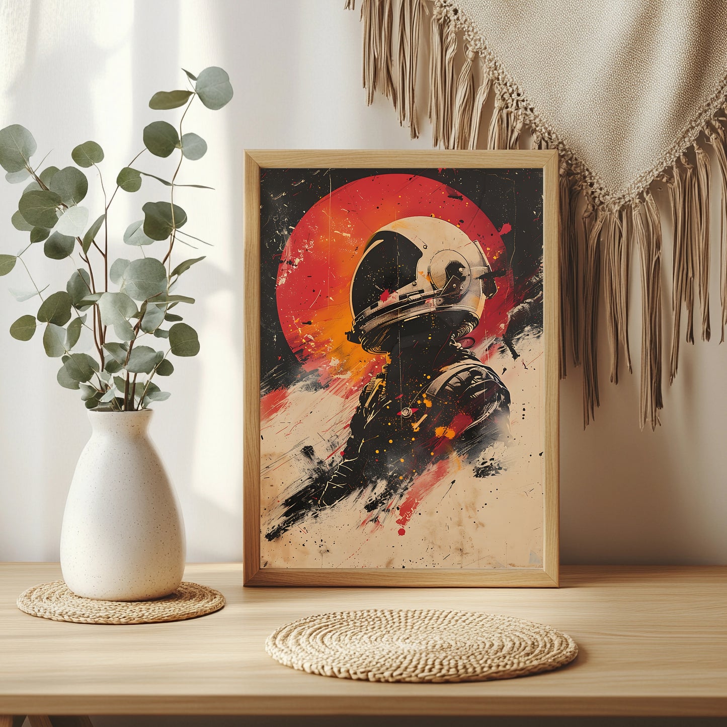 Astronaut im Profil vor rotem Planeten im Retro-Filmplakat-Stil