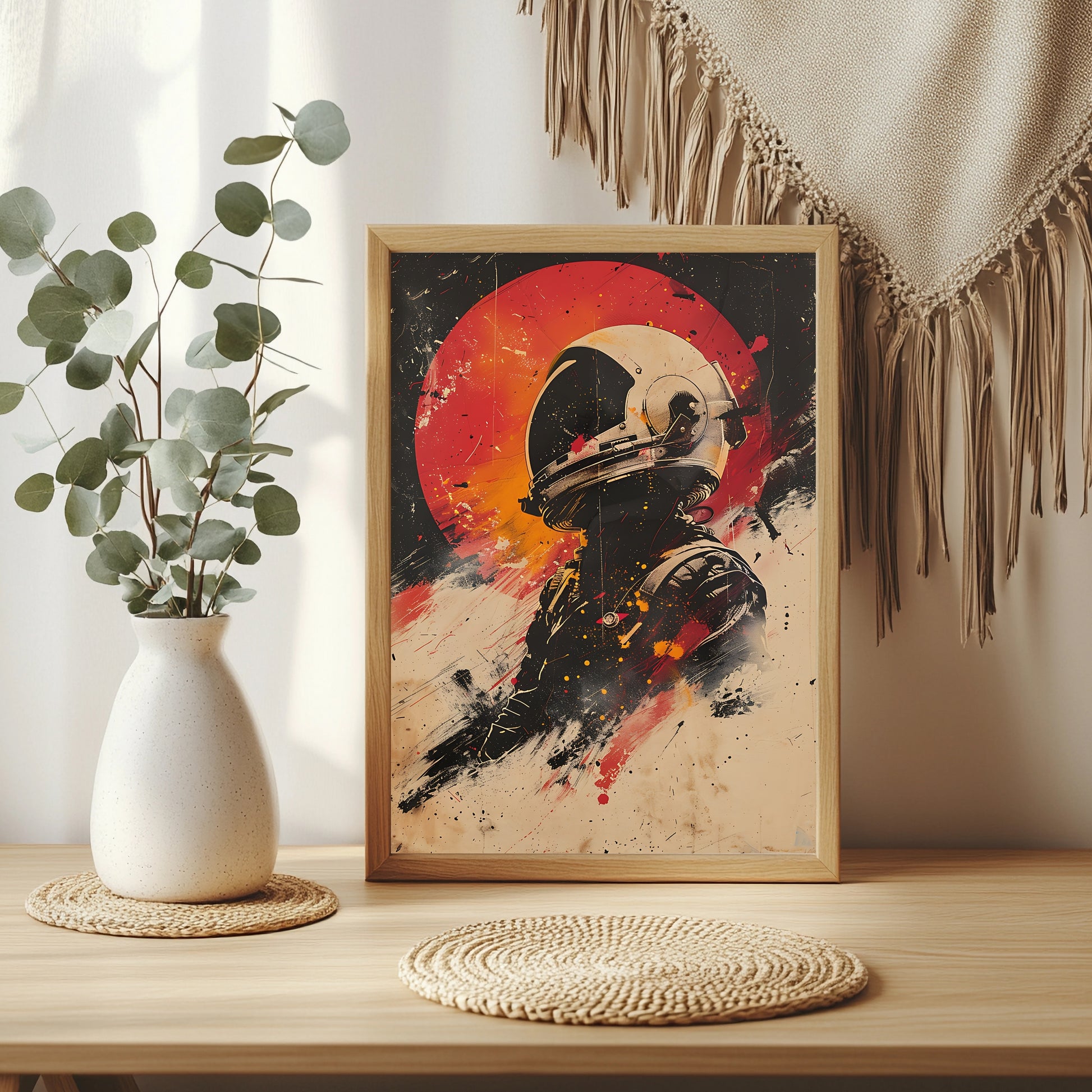Astronaut im Profil vor rotem Planeten im Retro-Filmplakat-Stil
