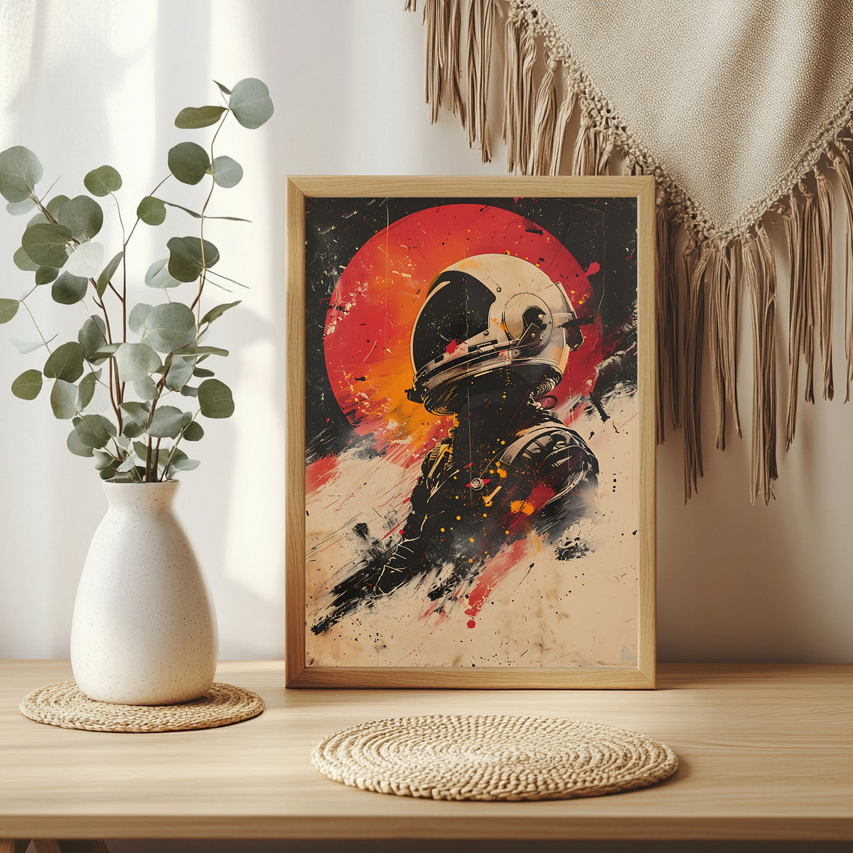 Astronaut im Profil vor rotem Planeten im Retro-Filmplakat-Stil