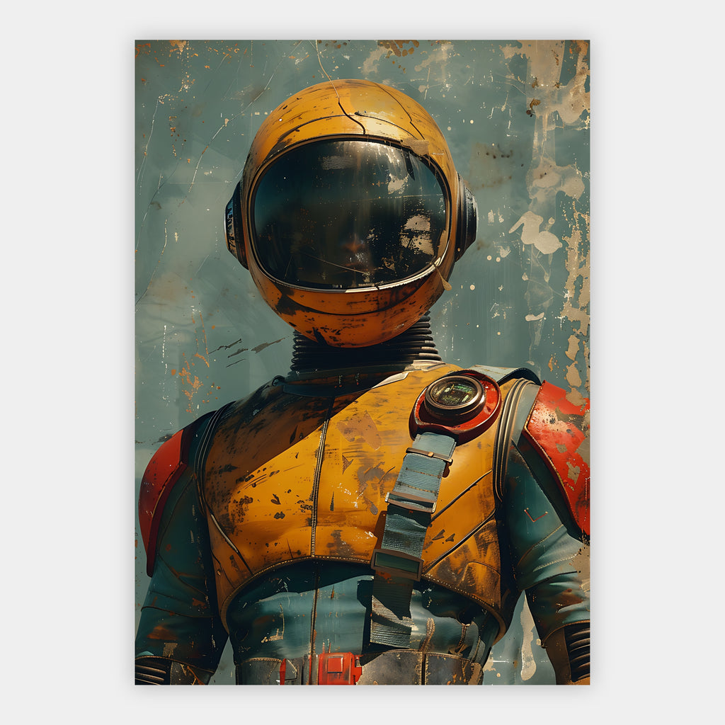 Astronaut mit rissigem Helmvisier vor graugrünem Nebel