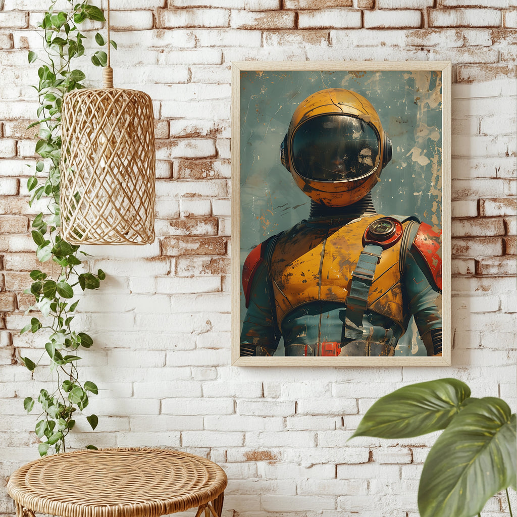 Astronaut mit rissigem Helmvisier vor graugrünem Nebel