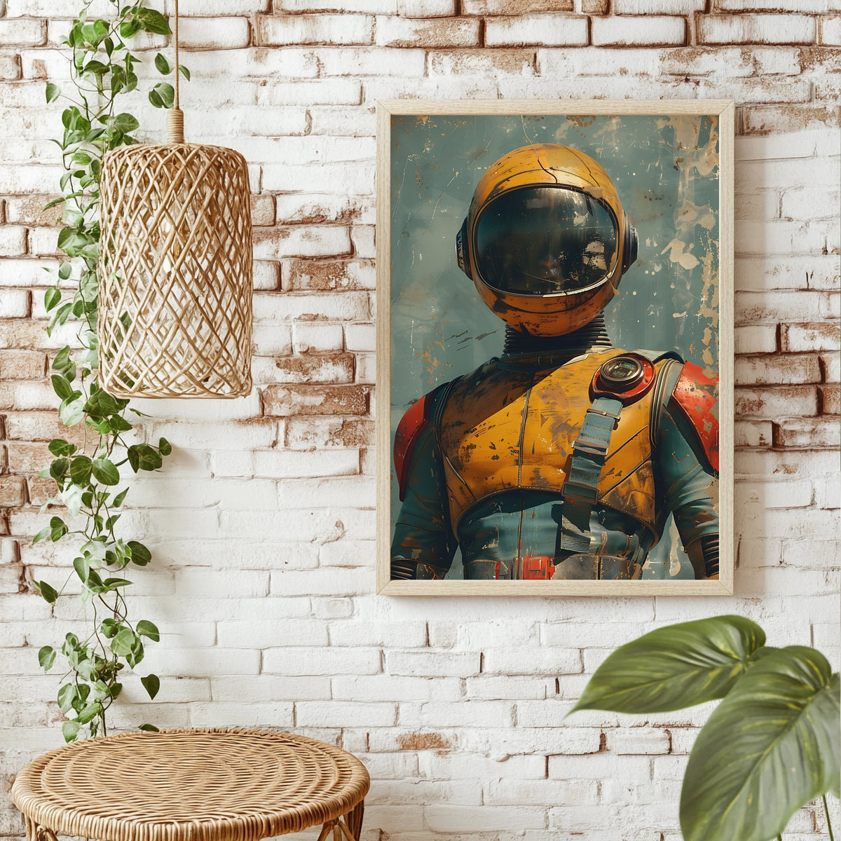 Astronaut mit rissigem Helmvisier vor graugrünem Nebel