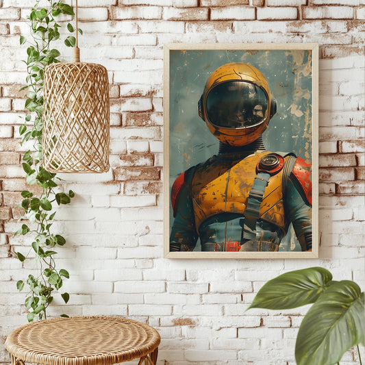 Astronaut mit rissigem Helmvisier vor graugrünem Nebel