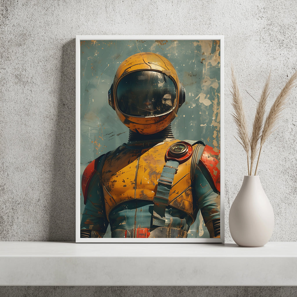 Astronaut mit rissigem Helmvisier vor graugrünem Nebel