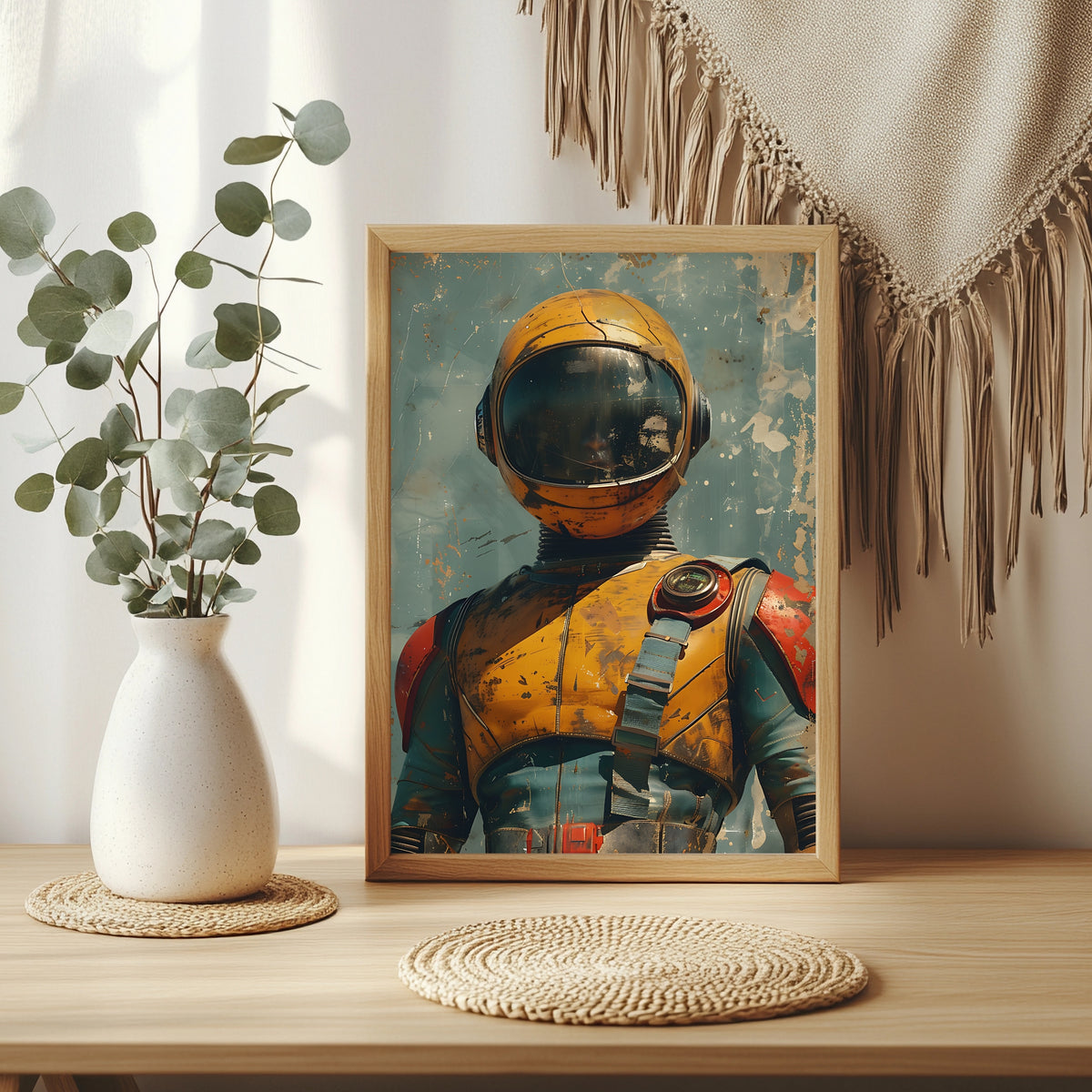 Astronaut mit rissigem Helmvisier vor graugrünem Nebel