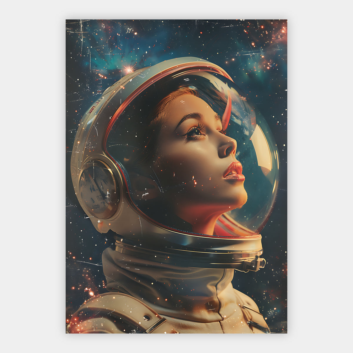 Astronautin im Pin-up-Stil blickt durch ihr Helmvisier in den Sternenhimmel