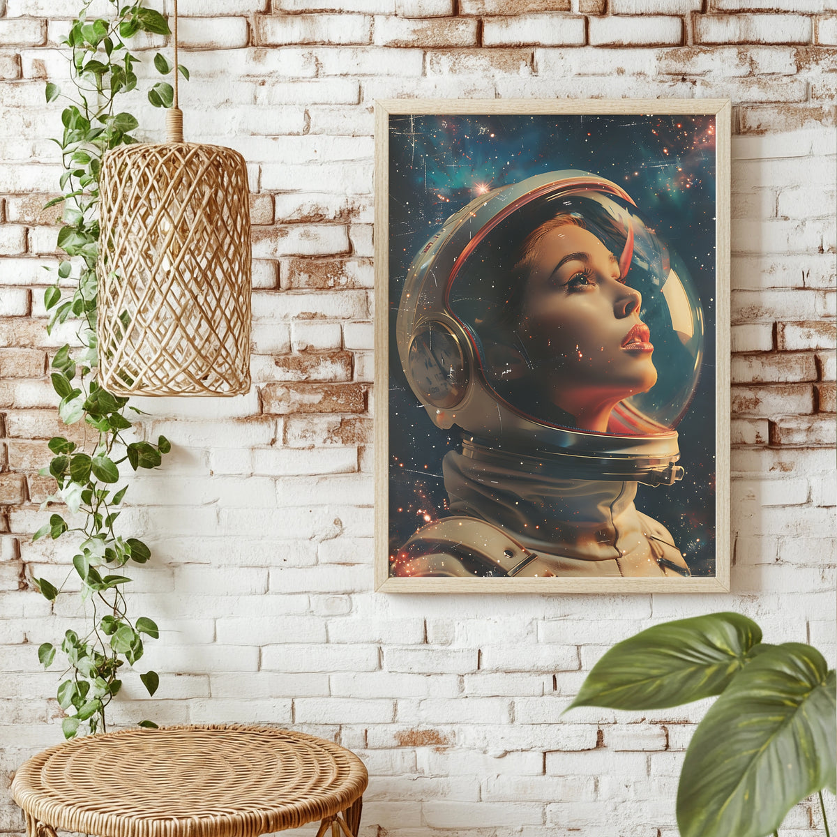 Astronautin im Pin-up-Stil blickt durch ihr Helmvisier in den Sternenhimmel