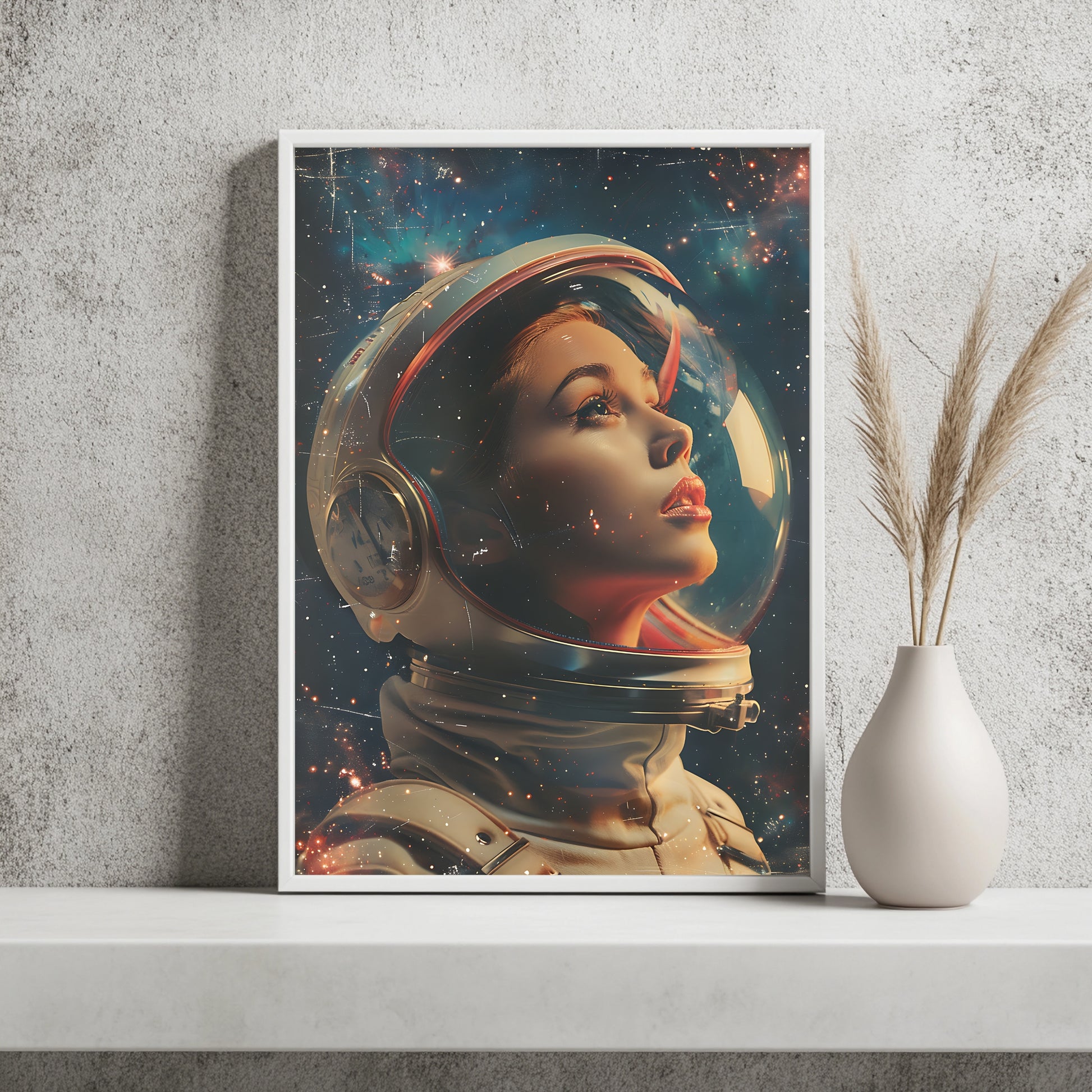 Astronautin im Pin-up-Stil blickt durch ihr Helmvisier in den Sternenhimmel
