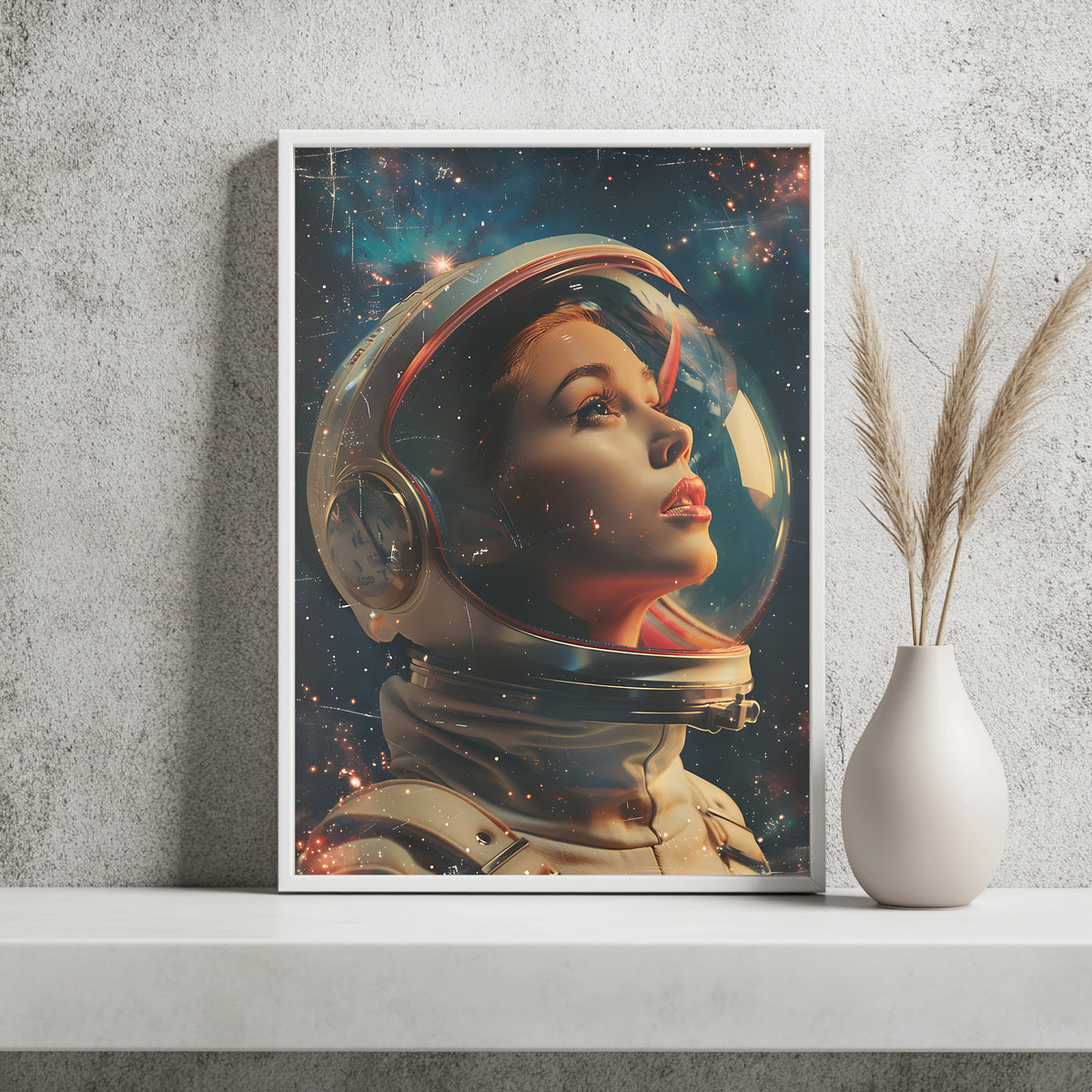 Astronautin im Pin-up-Stil blickt durch ihr Helmvisier in den Sternenhimmel