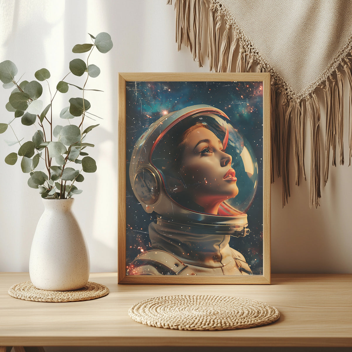 Astronautin im Pin-up-Stil blickt durch ihr Helmvisier in den Sternenhimmel
