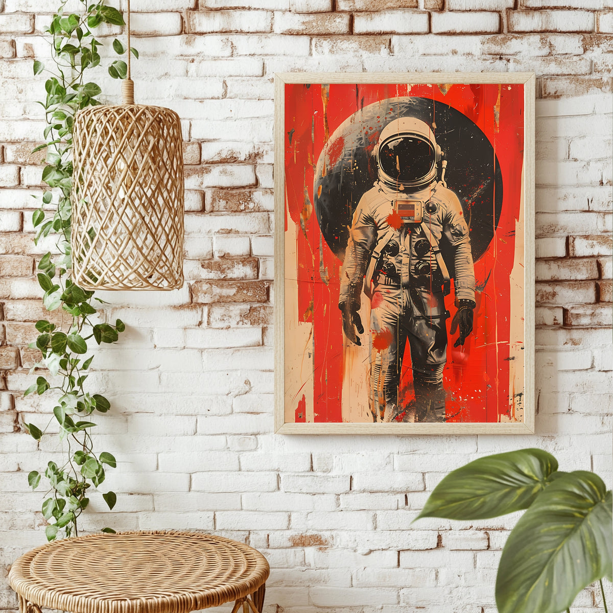 Astronaut vor dunklem Planeten mit tropfenden roten Farbbahnen