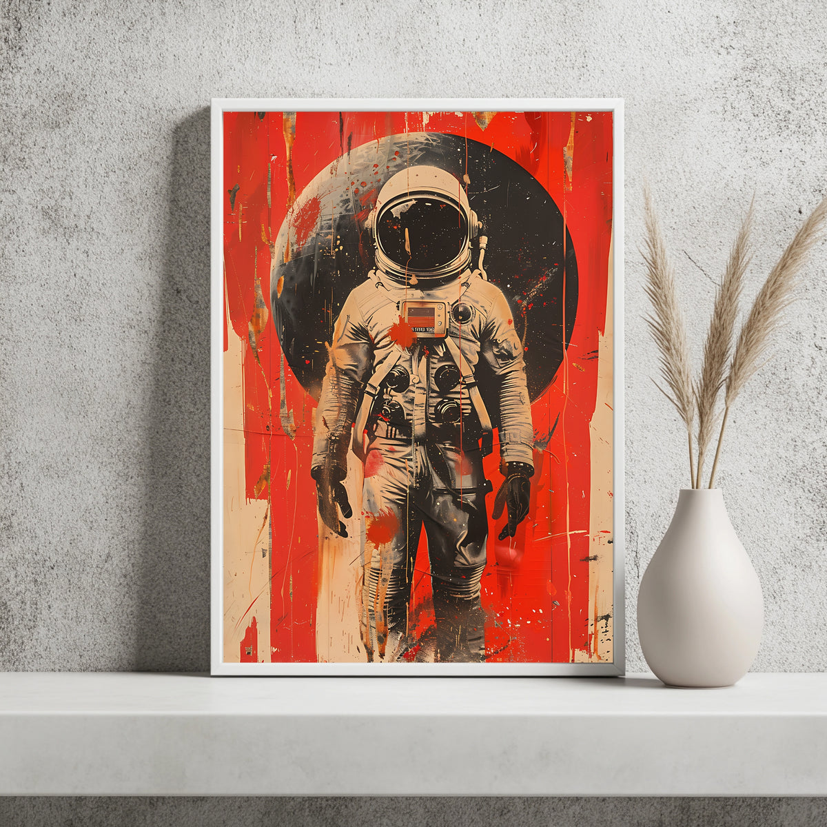 Astronaut vor dunklem Planeten mit tropfenden roten Farbbahnen