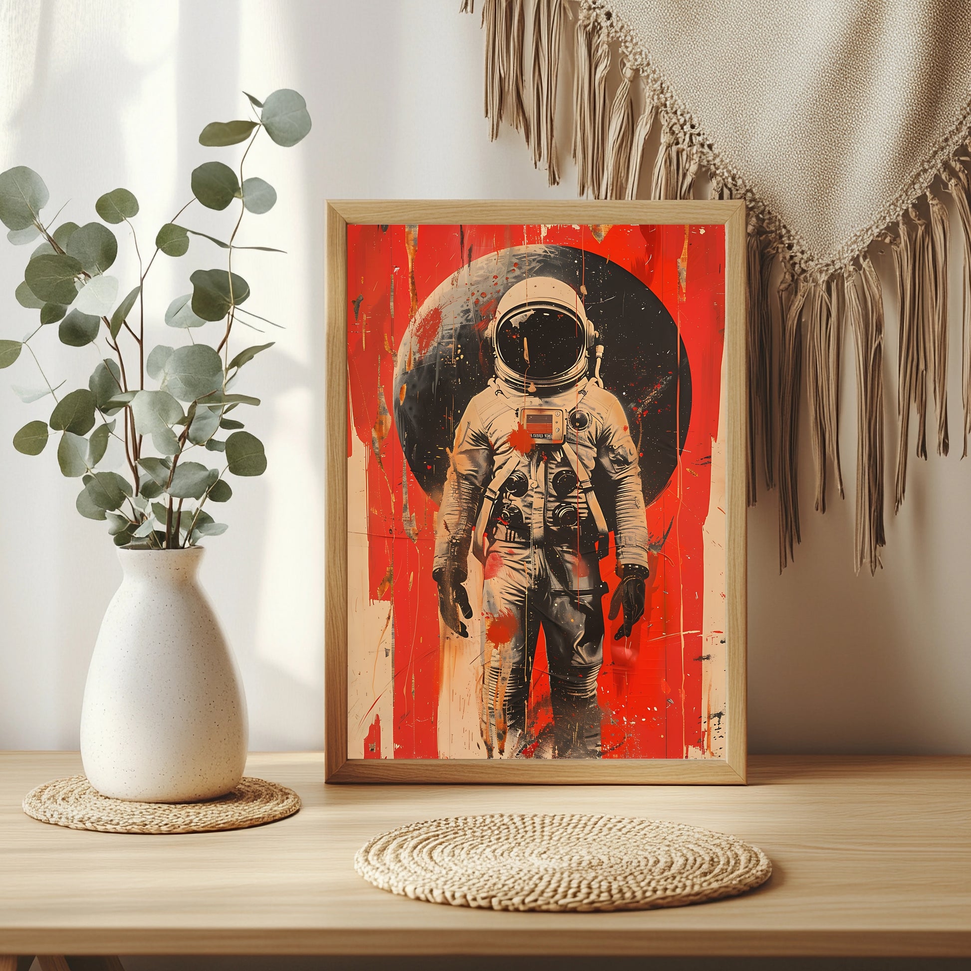 Astronaut vor dunklem Planeten mit tropfenden roten Farbbahnen