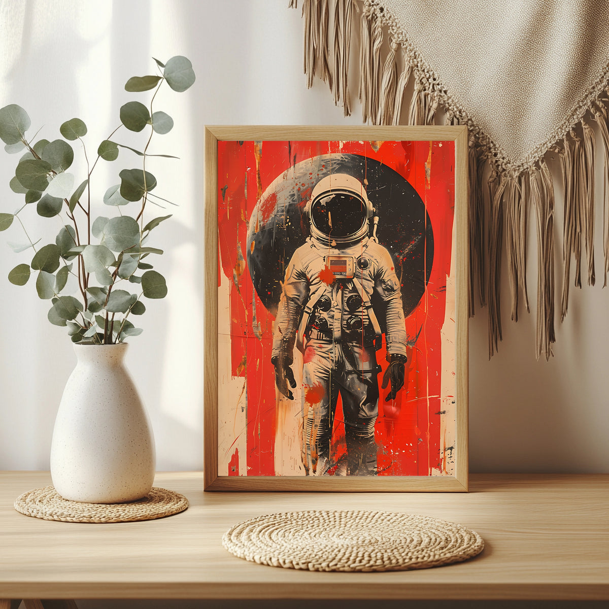 Astronaut vor dunklem Planeten mit tropfenden roten Farbbahnen