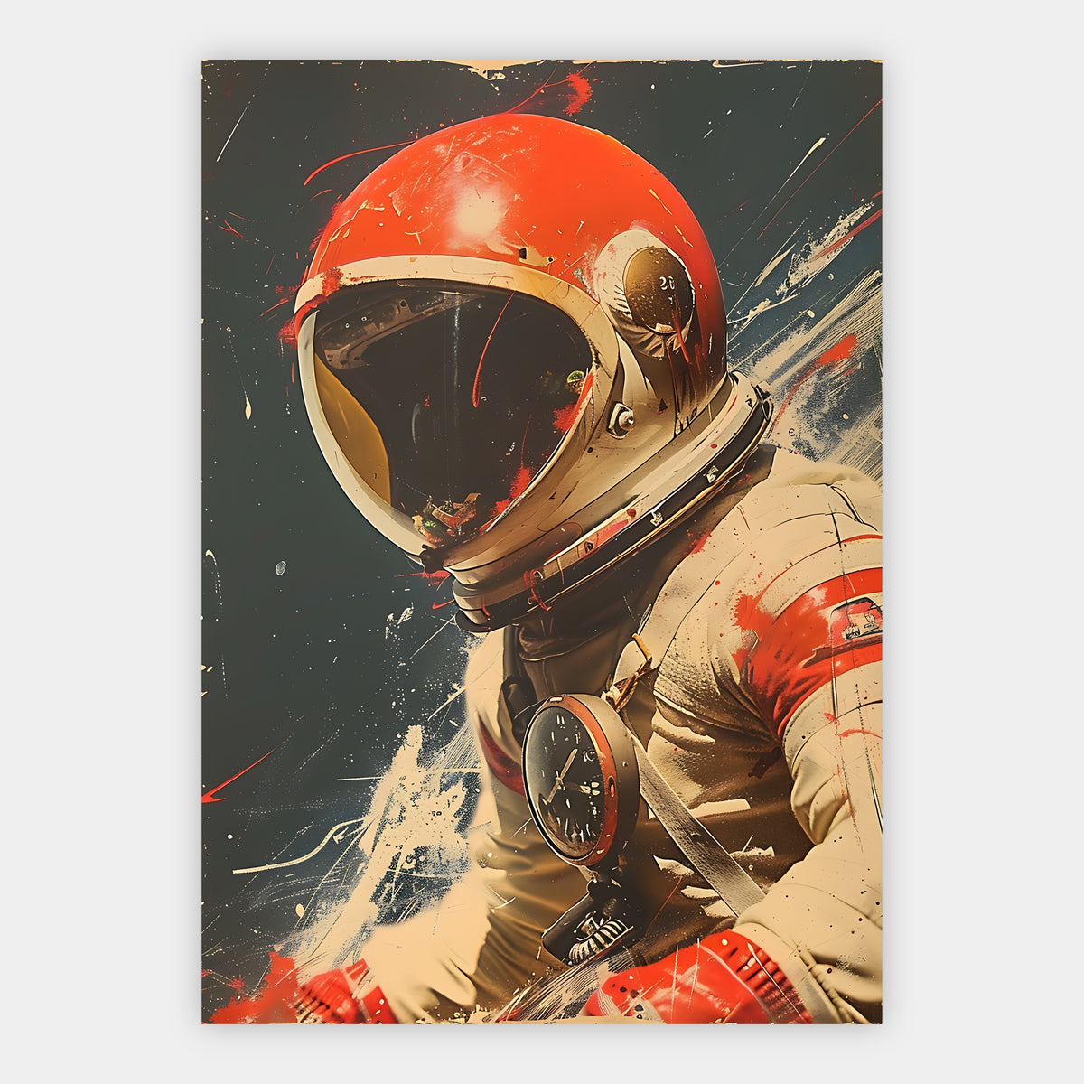 Astronaut mit rotem Helm und Borduhr im Vintage-Stil