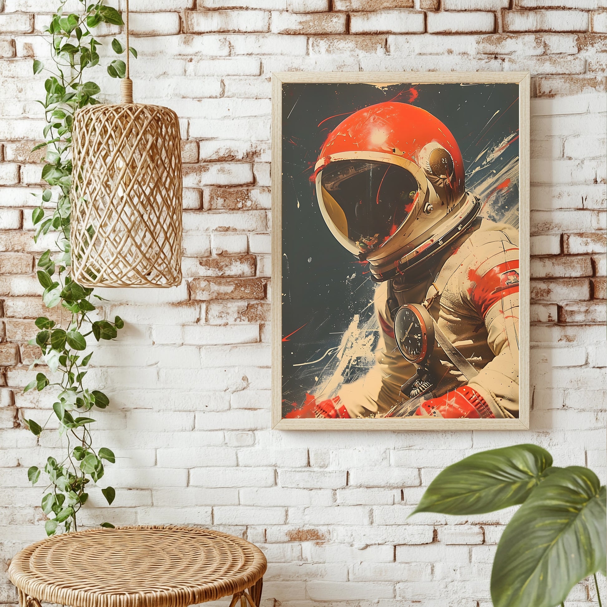 Astronaut mit rotem Helm und Borduhr im Vintage-Stil